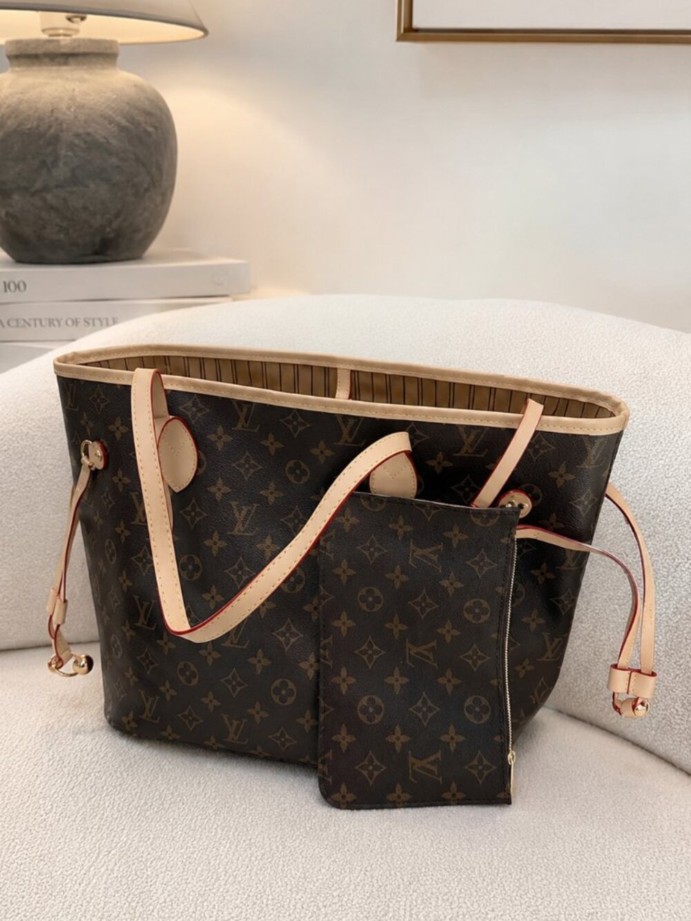 Brown Monogram Print Large Tote Bag with Matching Zip Pouch